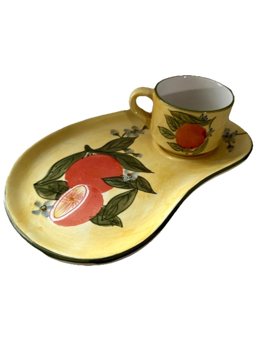 80s Lillian Vernon Ceramic Fruit Snack Plate and Mug Set Yellow Vintage